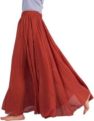 Feoya Womens Vintage A-Line Elastic Waist Long Skirt Cotton Linen Breathable Summer S/85 CM