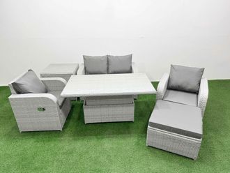 Fimous Light Grey PE Wicker Rattan Garden Furniture Set Sofa Set Reclining Chair Adjustable Lifting Dining or Coffee Table 5 Seater w/ Footstool Side