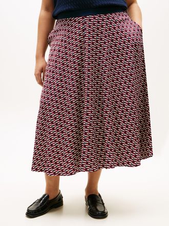 Tommy Hilfiger A-Linien-Rock TOMMY HILFIGER CURVE CRV VIS TWILL A-LINE MIDI SKIRT, Damen, Gr. 46, logo print navy, Web, Obermaterial: 100% Viskose, gemustert, wadenl