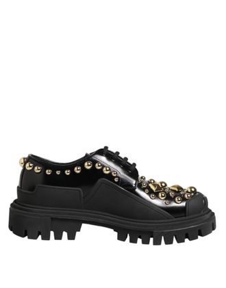 Dolce & Gabbana Black Leather Jeweled Crystals Derby Womens Shoes