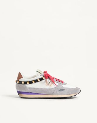 Valentino Garavani Stud Up Trainer In Split Leather And Nylon With Butterfly Embroidery Wo
