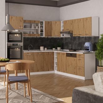 Vicco Cocina Esquinera R-line, Roble Artesanal/blanco, 237 X 247 Cm Sin Encimera
