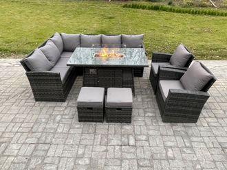 Fimous 10 Seater Rattan Garden Furniture High Back Corner Sofa Gas Fire Pit Dining Table Sets Gas Heater with Armchair 2 Footstools in Dark Grey