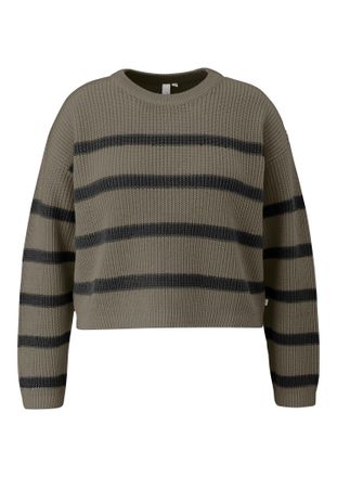 QS by s.Oliver Rundhalspullover QS, Damen, Gr. XL, gr&uuml;n (khaki, schwarz stripes), Strick, Obermaterial: 100% Polyacryl, gestreift, regular fit taillenbedeckt, Rundha
