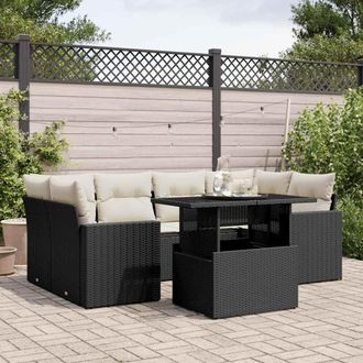 vidaXL Set De Sof&aacute;s De Jard&iacute;n 7 Pzas Con Cojines Rat&aacute;n Sint&eacute;tico Negro Vidaxl