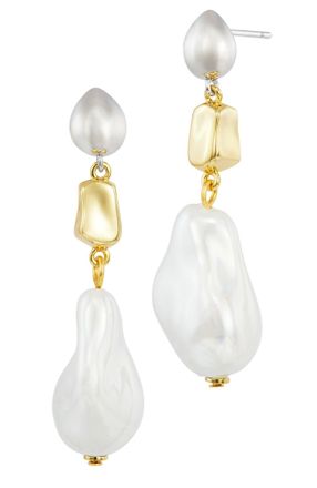 Savvy Cie Jewels BAROQUE PEARLS ORGANIC TRIPLE DROP TWO TONE EARRINGS