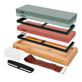 OEM Kit Afilado Cuchillos - Piedra Dual 400/1000 Y 3000/8000 - Base Bamb&uacute; - Gu&iacute;a &Aacute;ngulo - Pulido Cuero - Piedra Regularizaci&oacute;n - 1 Unidad