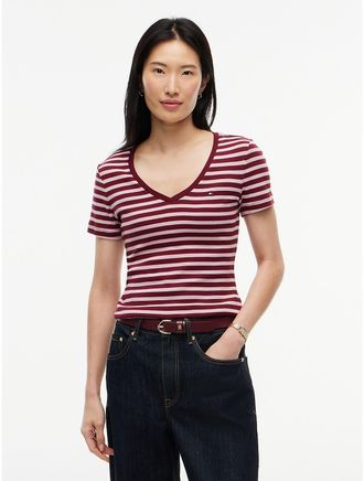 Tommy Hilfiger Womens V-Neck Striped Favorite T-Shirt - Burgundy Combo - XXL