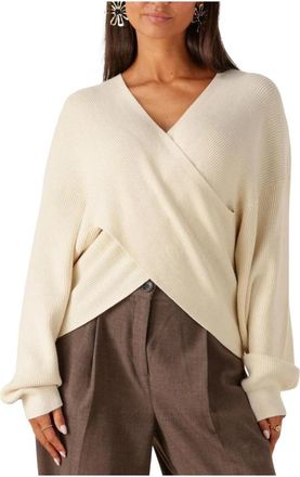 Moss Copenhagen Beige Wrap Pullover voor herfst/winter - Dames - V-hals truien - Beige - M - Wol - Truien & Vesten