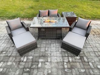 Fimous Outdoor Garden Dining Sets 6 Seater Rattan Patio Furniture Sofa Set with Gas Firepit Table 2 Big Footstool in Dark Grey