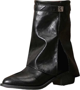 Generic Womens Mid Calf Boots Fashion Pointed Toe Slip On Chunky Heel Booties Comfortable Casual Winter Boots for Ladies(Black, 5.5)