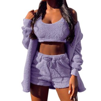Generic Womens Fuzzy Pajamas Set Sexy Fleece 3 Piece Outfits Sweatsuit Long Sleeved Fluffy Hooded Jacket Soft Open Front Cardigan and Wide Legs Pants Shorts W