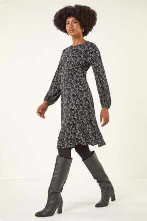 Roman Floral Print Frill Stretch Dress