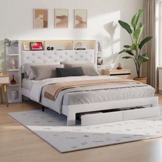 OEM Cama 160x200 Cm - 250210hxf - Usb - Led - Almacenamiento - Terciopelo - Marco De Cama Para Adultos 160x200 Cm - Blanco