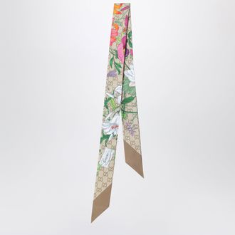 Gucci Silk ribbon with GG Flora print in light brown