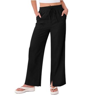 Generic Ladies Cotton Trousers Linen Trousers Womens Wide Leg Cotton Spring Summer Trouser with Pockets Casual Elasticated Waist Palazzo Pants Fashion Loose S