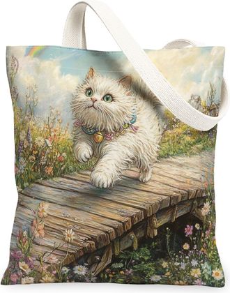 Generic Spring Persian Cat Canvas Tote Bag for Shopping 13x15, Country Garden Kitten Reusable Grocery Print Pattern Bag for Women, Fun Flower Pet Beach Aesthe