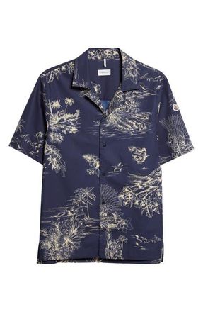 Moncler Tropical Print Short Sleeve Cotton Poplin Snap-Up Shirt in Blue at Nordstrom, Size Xx-Large