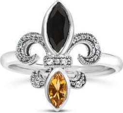 House of Brilliance Silver Onyx, Citrine and Diamond Accent Fleur De Lis Ring in White at Nordstrom, Size 6.5