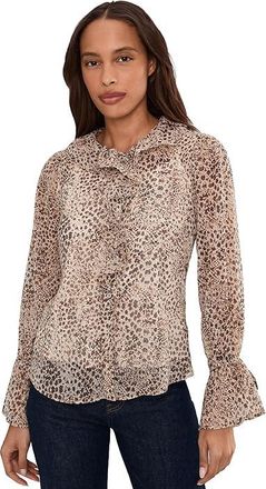 Liverpool L.A. Long Sleeve Ruffle Front Woven Shirt Womens Clothing Brown Animal : MD, Polyester