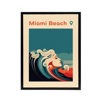 Artery8 Miami Beach Sea Wave Siren Travel Advert Framed Canvas Wall Art Print in Blue | Size: W24 x H32