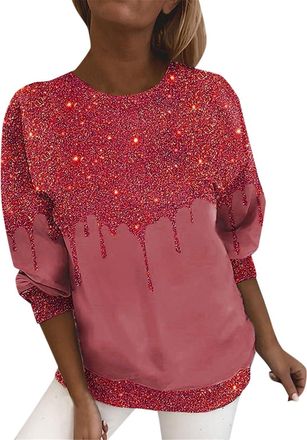 Generic Sweatshirts Womens Sequin Festival Top Loose Fit Casual Blouse For Rave Parties Clubbing & Events - Eye Catching Glitter T Shirt (Red, XL)