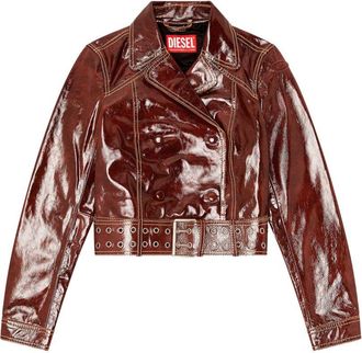 Diesel Cropped Brown Patent Leather Jacket with Double-Breasted Front