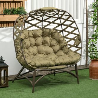 OUTSUNNY 2 Seater Egg Chair Outdoor with Cushion, Cup Pockets in Khaki