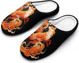 Generic Flame Fox Auspicious Clouds Mens Warm Slippers Non-Slip Sole Winter Rubber Cotton Shoes for Bedroom