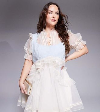 Asos Curve pearl embellished organza mini dress with denim bust panel in cream-White