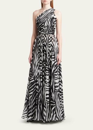 Dolce & Gabbana Zebra-Print One-Shoulder Silk Chiffon Gown