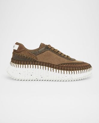 Chlo&eacute; Nama Mixed Leather Low-Top Platform Sneakers