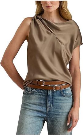 Lauren Ralph Lauren Charmeuse Asymmetrical Blouse Womens Clothing Taupe Brown : LG, Polyester/Satin