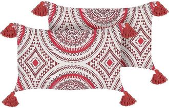Beliani Conjunto De 2 Cojines De Algod&oacute;n Rojo Borgo&ntilde;a Blanco 30 X 50 Cm A Mano Anthemis