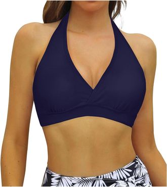 Generic Women Tie Up Swimwear Tops Halterneck Bikini Top Push Up Swim Crop Top Ladies Bathing Suit Top Triangle Swimwear Solid Tank Top Padded Swimming Tops T