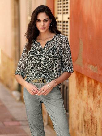 Heine Langarmbluse HEINE, Damen, Gr. 34, khaki, schwarz, bedruckt, 100% Polyester, animal-print, bedruckt, gemustert, mehrfarbig, Rundhals, Blusen Langarmbl