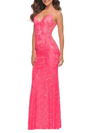 La Femme Lace Prom Dress with Illusion Embellished Sides in Neon Colors in Neon Pink at Nordstrom, Size 10
