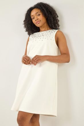 Roman Womens Petite Embellished Mini Dress - White - Size 16 UK