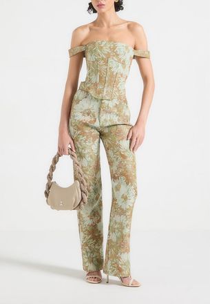 Mani&egrave;re De Voir Gia Jacquard High Waist Straight Leg Jeans in Sage at Nordstrom, Size 10