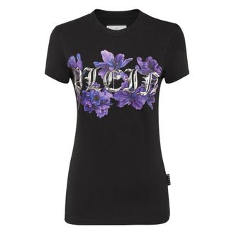 Philipp Plein Tops, Dames, Zwart, XS, Katoen, T-shirt Ronde Hals Pure Fit Flowers