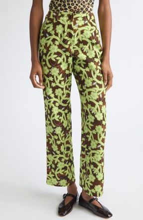 Siedres Roux Floral Low Rise Straight Leg Cotton Twill Pants in Brown Multi at Nordstrom, Size 38