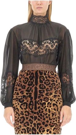 Dolce & Gabbana Georgette en kanten blouse met col - Dames - Blouses - Zwart - S - Leer - Overhemden