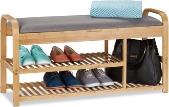 Relaxdays Relaxdays - Banco Recibidor, Zapatero Estrecho, Mueble Bamb&uacute;, Asiento Acolchado, 50 X 100,5 X 33 Cm, Gris Y Marr&oacute;n Natural