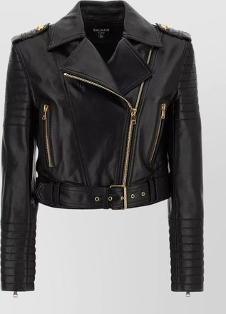 Balmain leather jacket gold tone hardware epaulettes