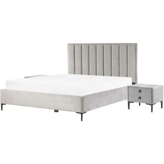 Beliani Conjunto De Dormitorio Tapizado En Terciopelo Gris Cama Con Almacenaje 180 X 200 Cm Con 2 Mesitas De Noche Tapizadas Sezanne