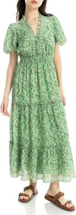 Max Studio V-Neck Short Sleeve Tiered Maxi Dress in Green Tossed Meadow at Nordstrom Rack, Size X-Large
