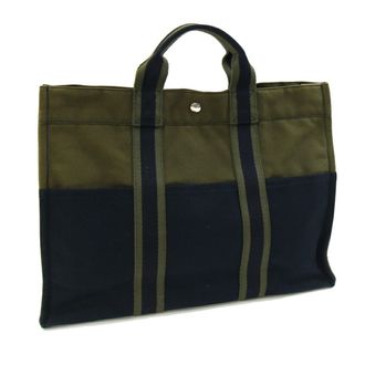 Herm&egrave;s Green Navy Olive Cotton Canvas Handbag Tote Bag (Pre-Owned)