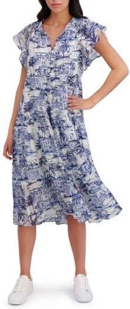 London Times Flutter Sleeve Babydoll Dress in White/Denim at Nordstrom Rack, Size X-Large