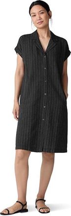 Eileen Fisher Cotton Blend Stripe Stitch Notch Collar Shirt Dress Womens Dress Black : MD, Cotton/Lyocell/Spandex