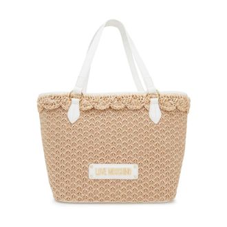 Moschino Tote Bags, female, Beige, Size: ONE SIZE Logo Tag Rafia Tote Bag
